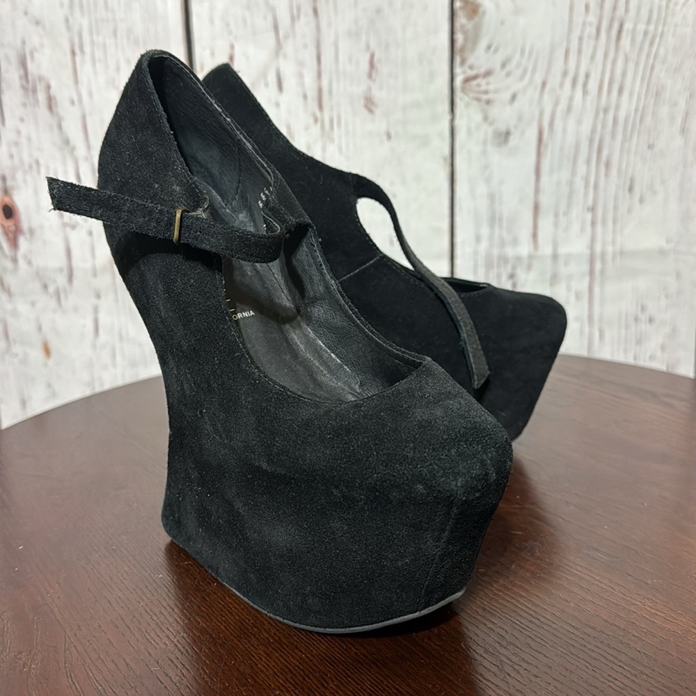 JEFFREY CAMPBELL NIGHT-WALK heelless Black suede platform wedge Maryjane Shoes 7